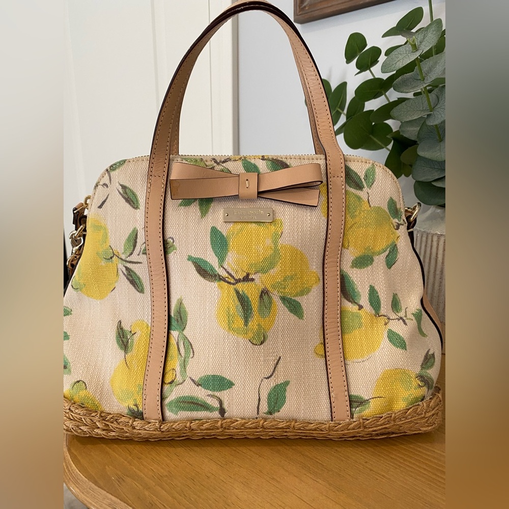 Kate Spade lemon bag with rattan bottom; Wellesley satchel ;summer bag